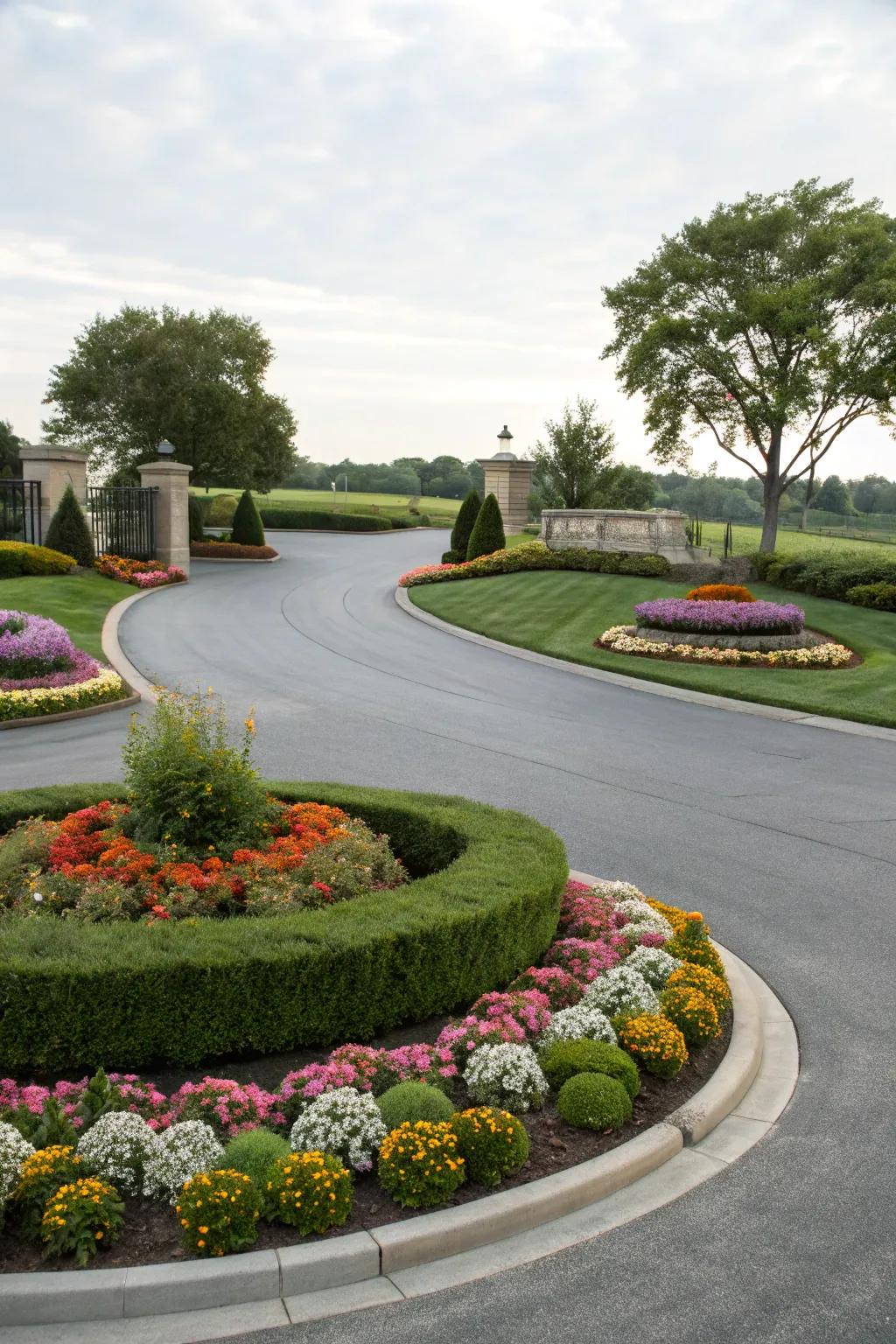 A circular driveway with a floral focal point offers both style and convenience.