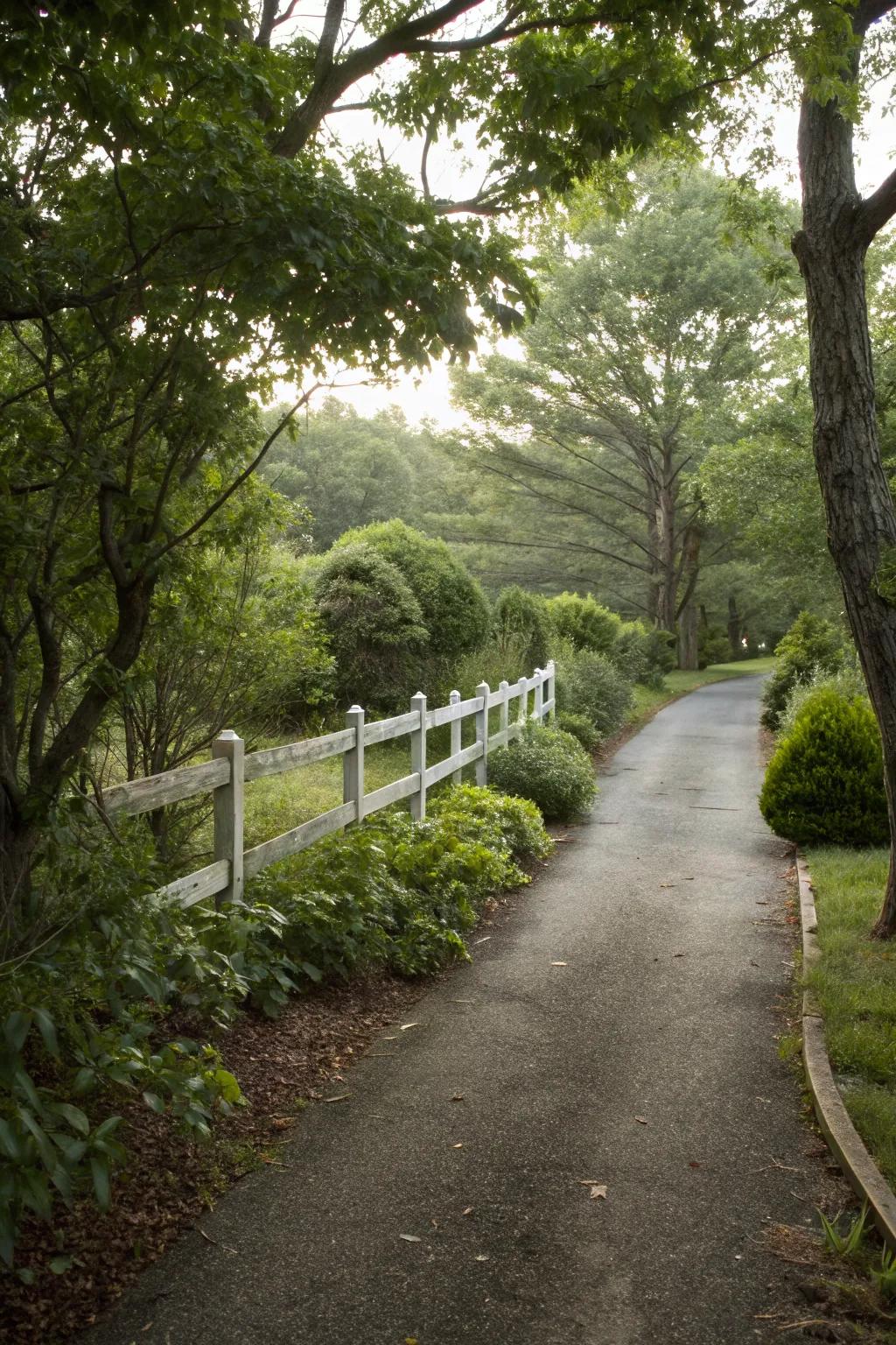 A split rail fence beautifully framed by rich greenery.