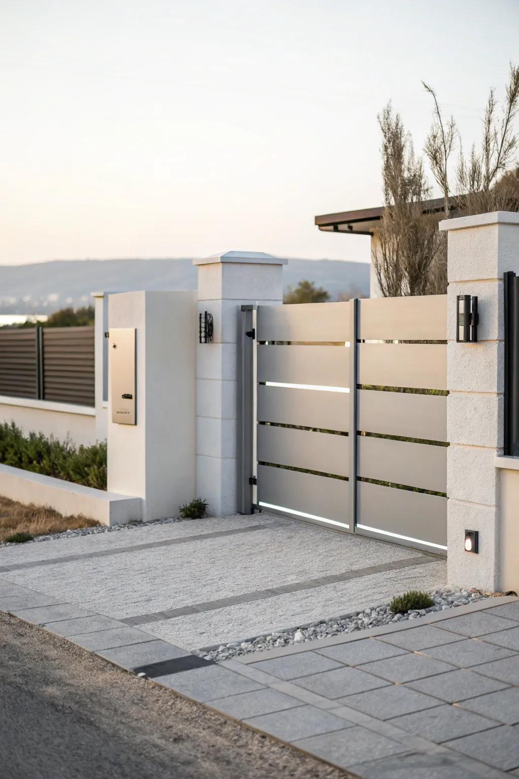 A sleek and minimalist driveway entry gate in neutral tones.