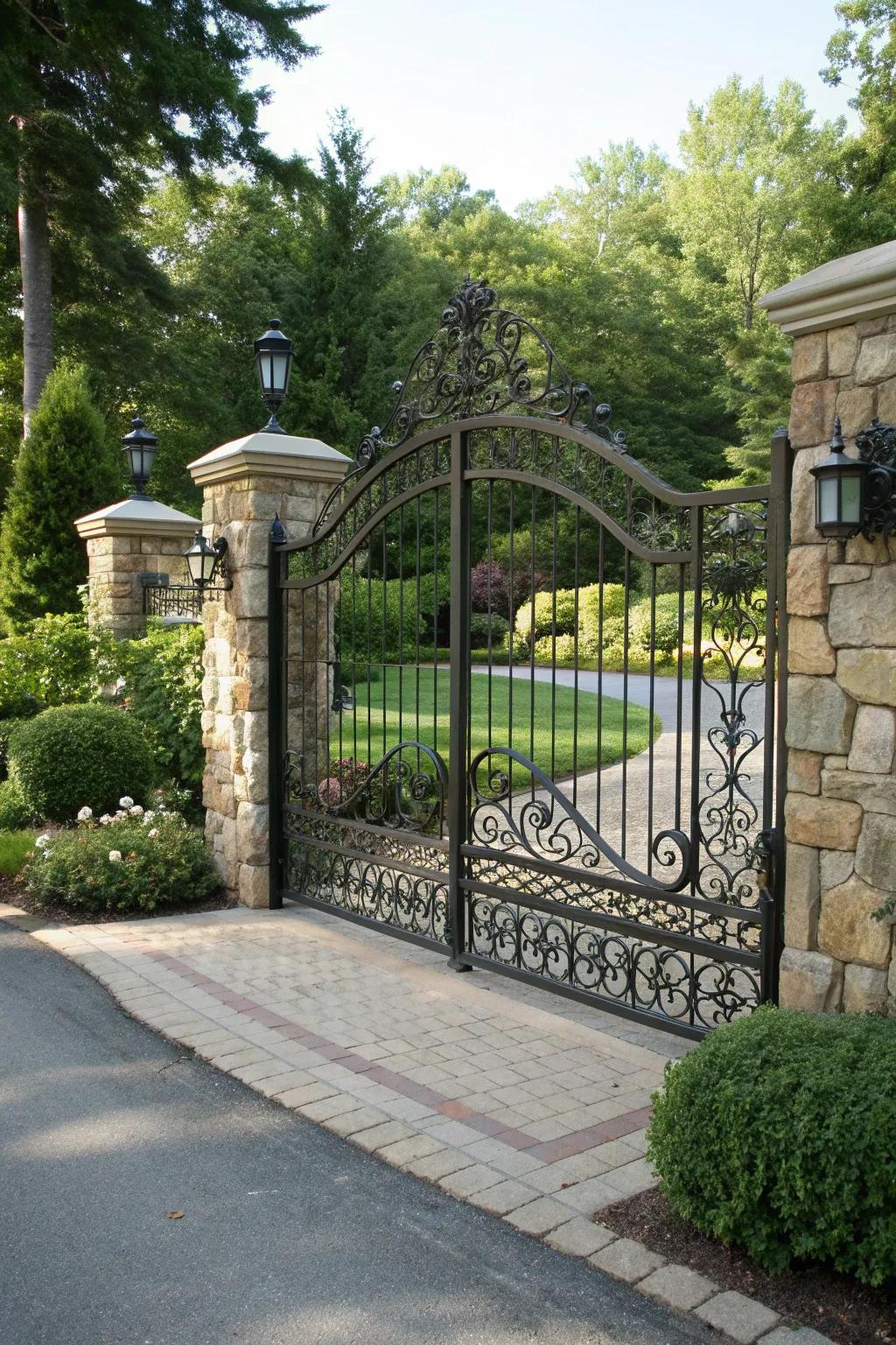 Wrought iron gate with intricate designs creates a timeless entrance.