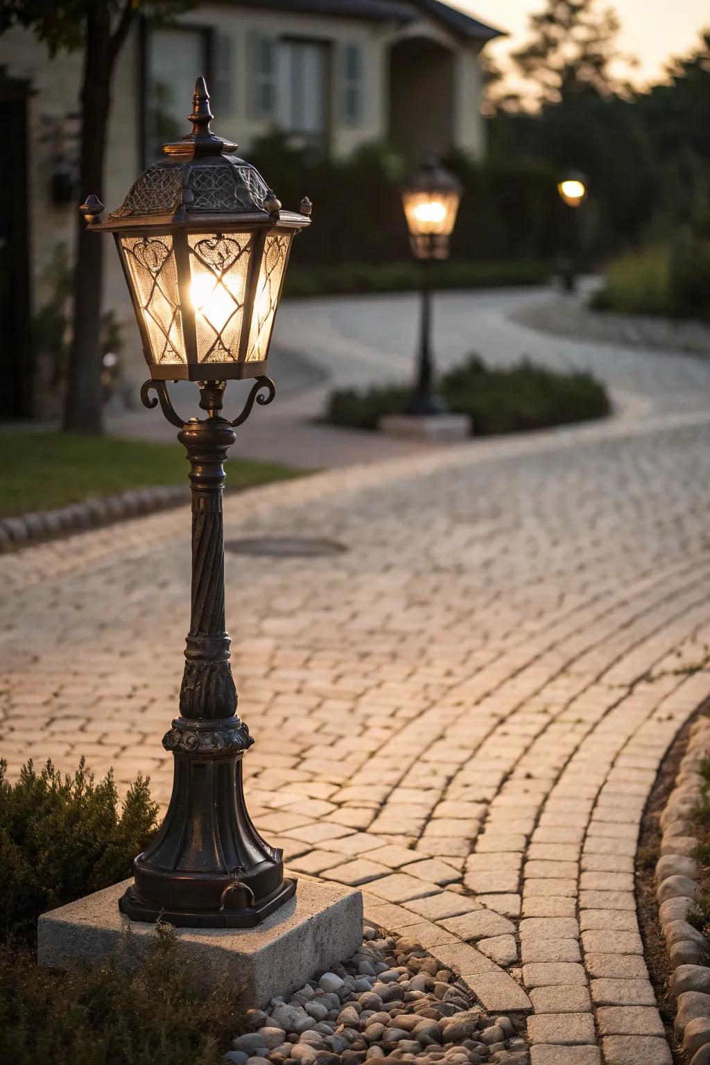 A classic lantern lamp post adds timeless charm to the driveway.