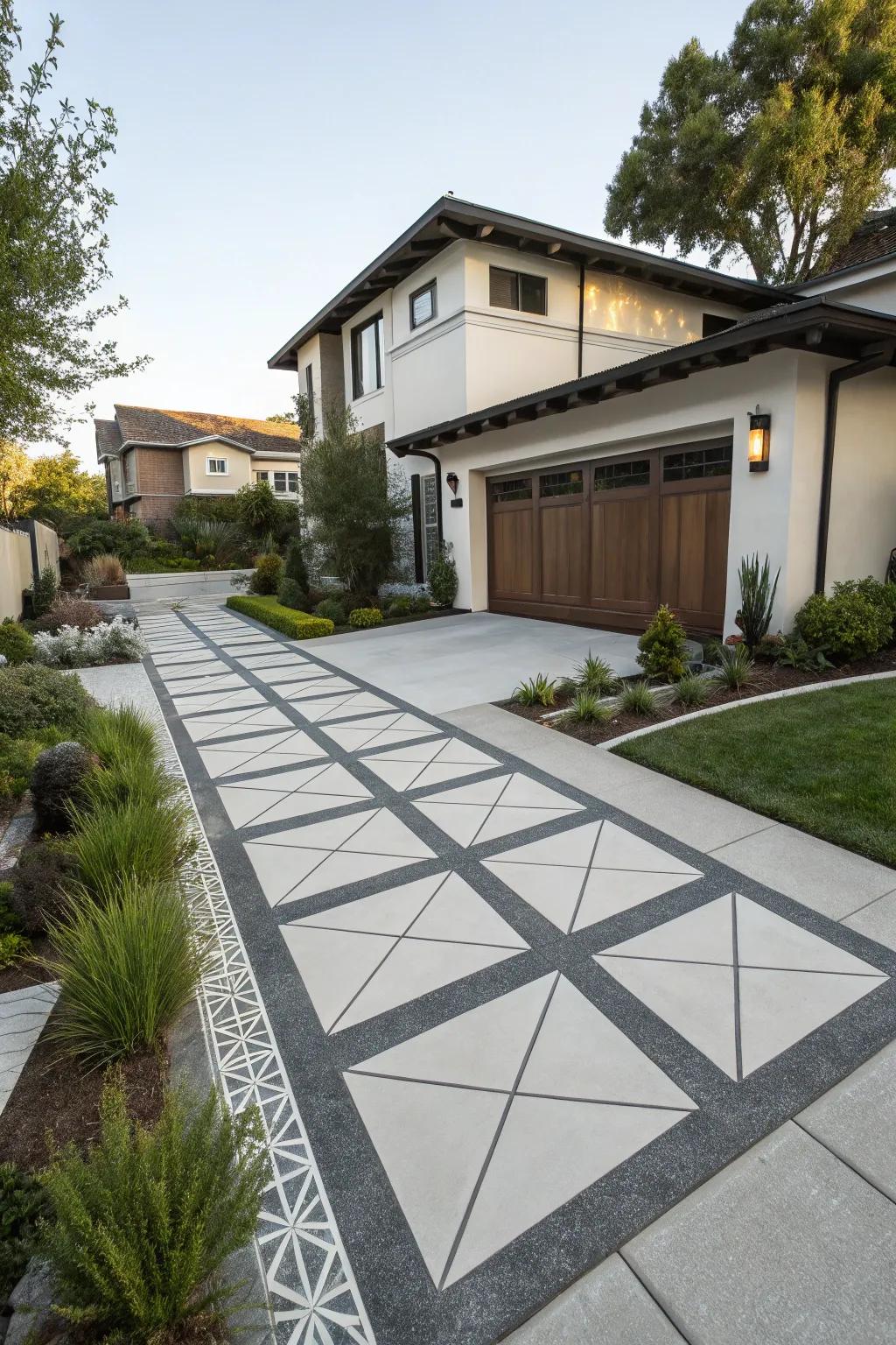 A driveway featuring sleek geometric patterns for a modern look.