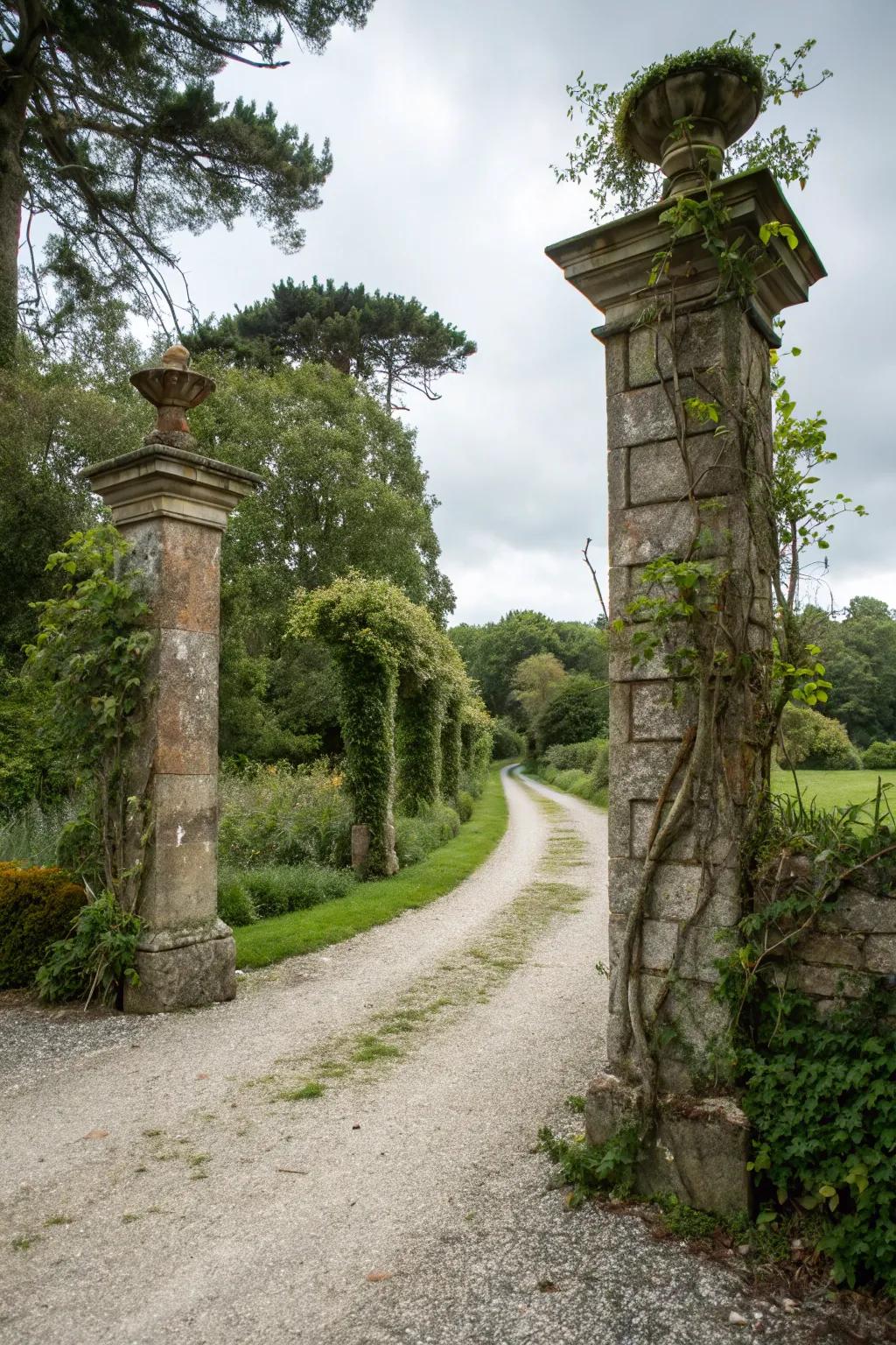 Natural stone pillars create a rustic charm at a driveway entrance.