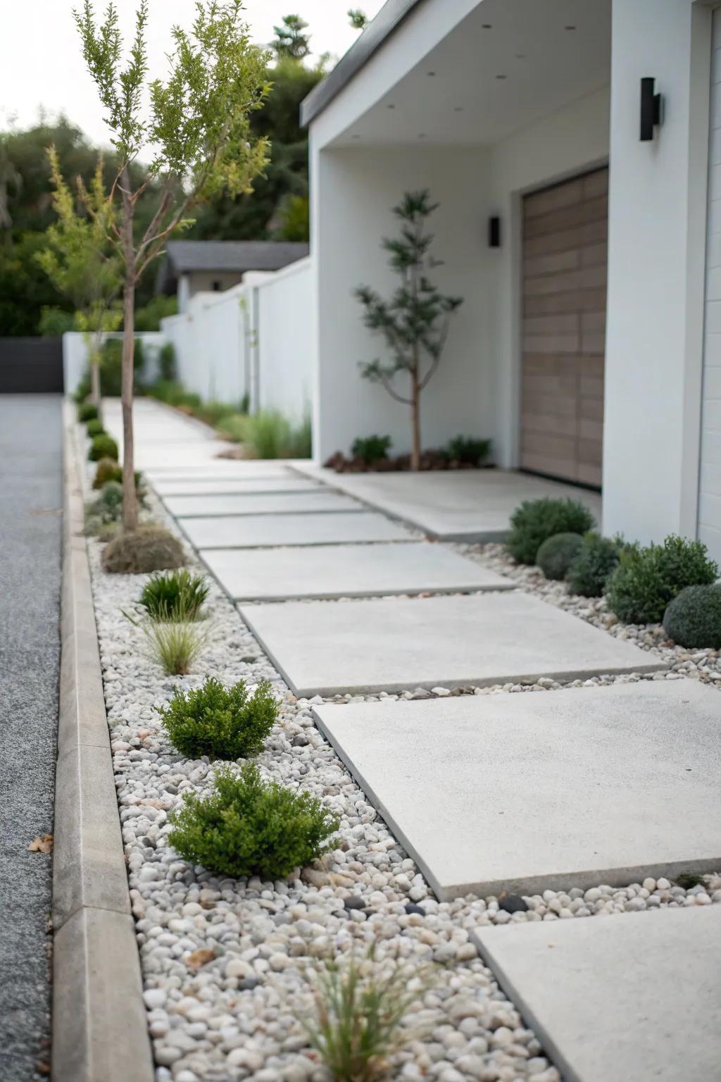 Achieve a sleek look with modern minimalist driveway plants.