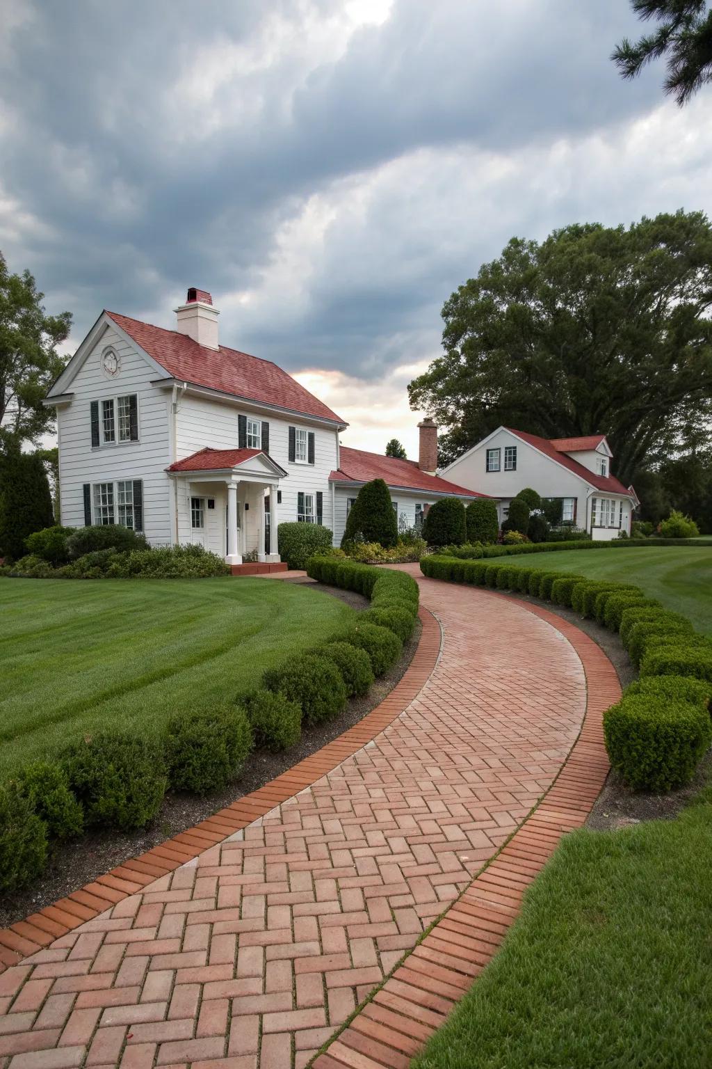 Classic brick pavers create an elegant driveway for a traditional home.