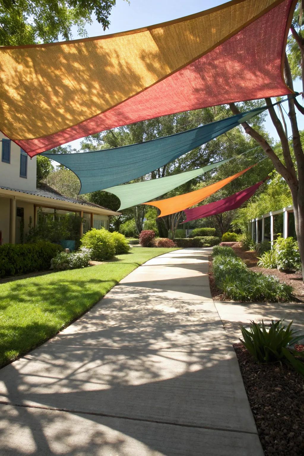 Brighten up your driveway with vibrant fabric shade sails.