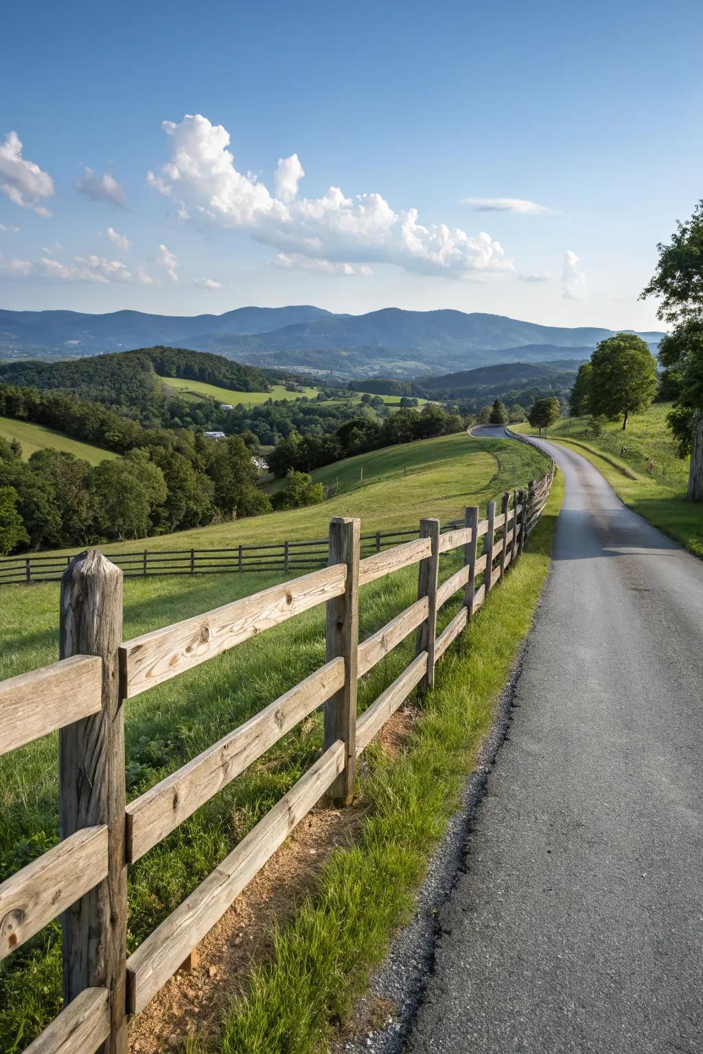A classic wooden split rail fence adds timeless charm to any driveway.