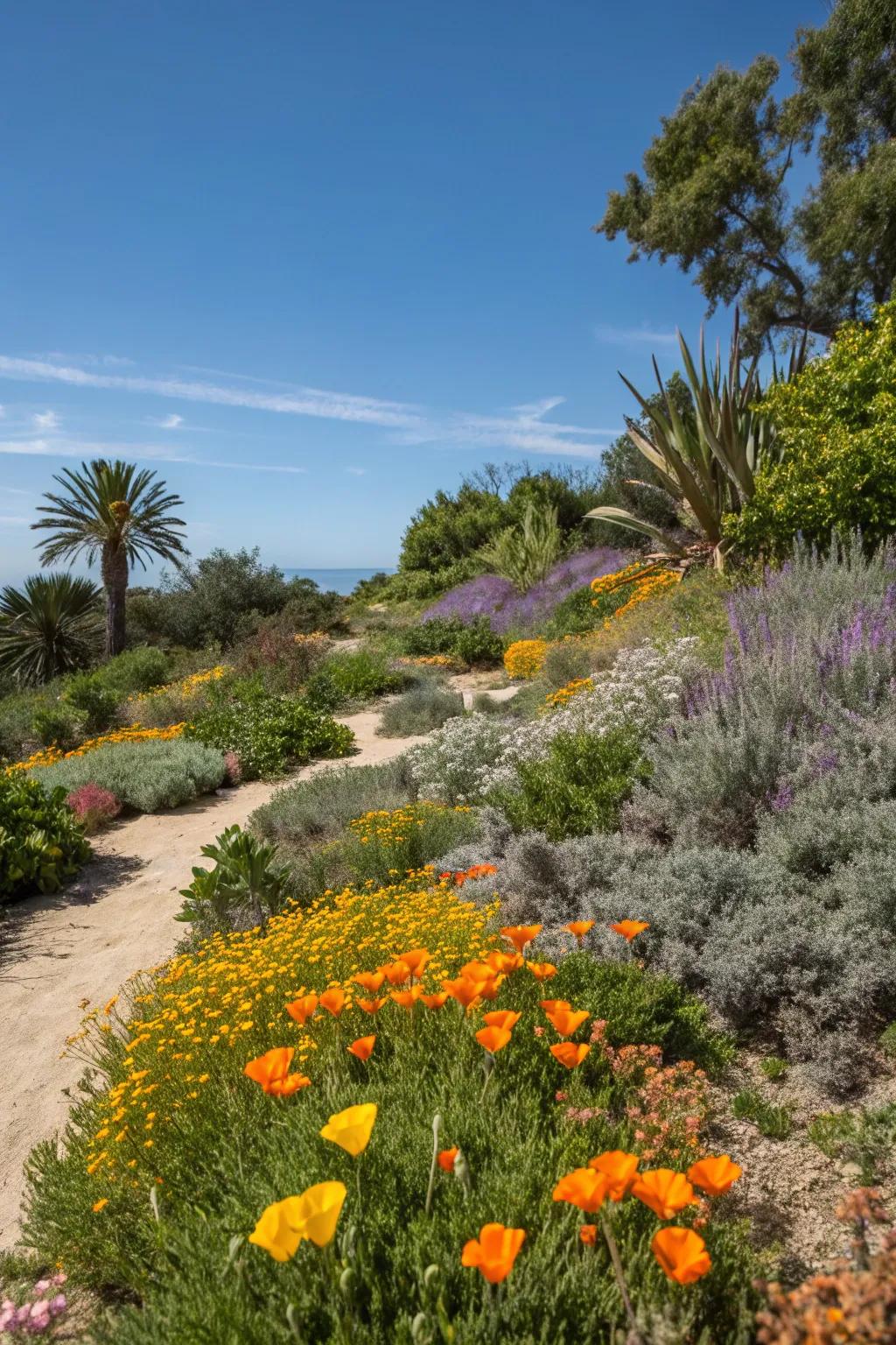 Native plants like sages and California poppies thrive in drought conditions.