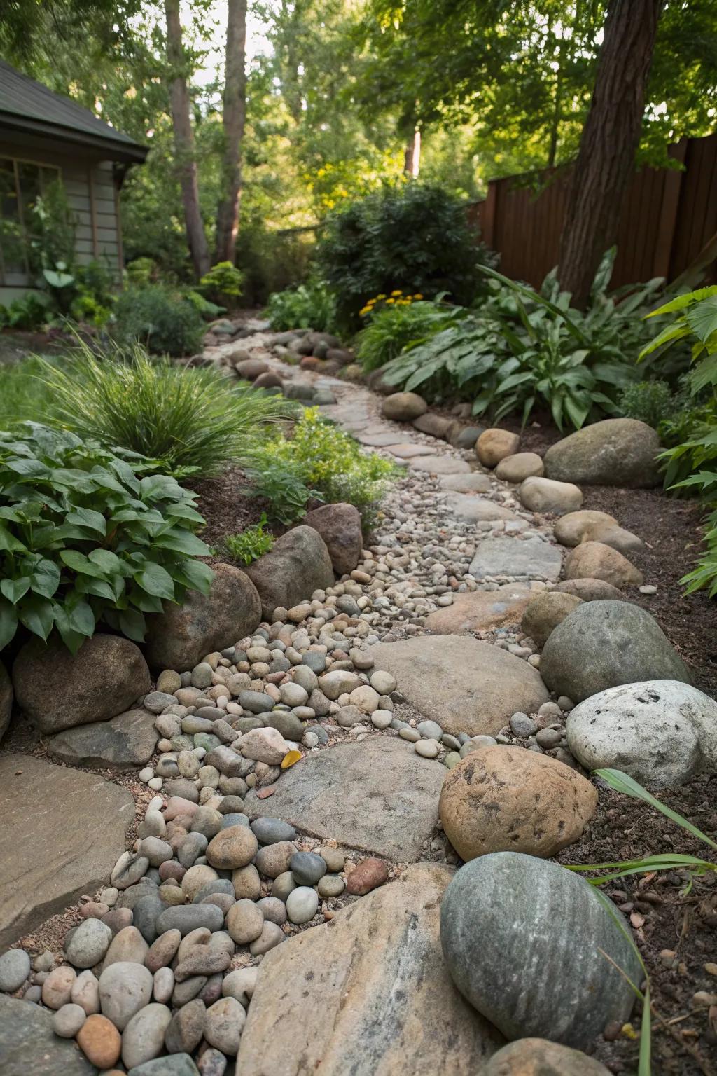 A dry river bed with varied stones creates a naturalistic landscape.