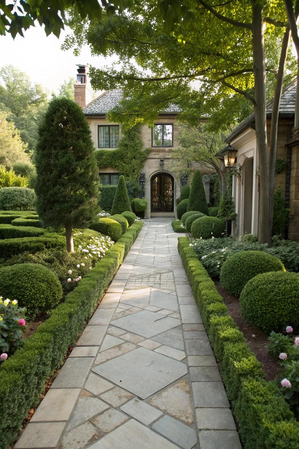 Stone pathways enhance duplex entryways with elegance and charm.