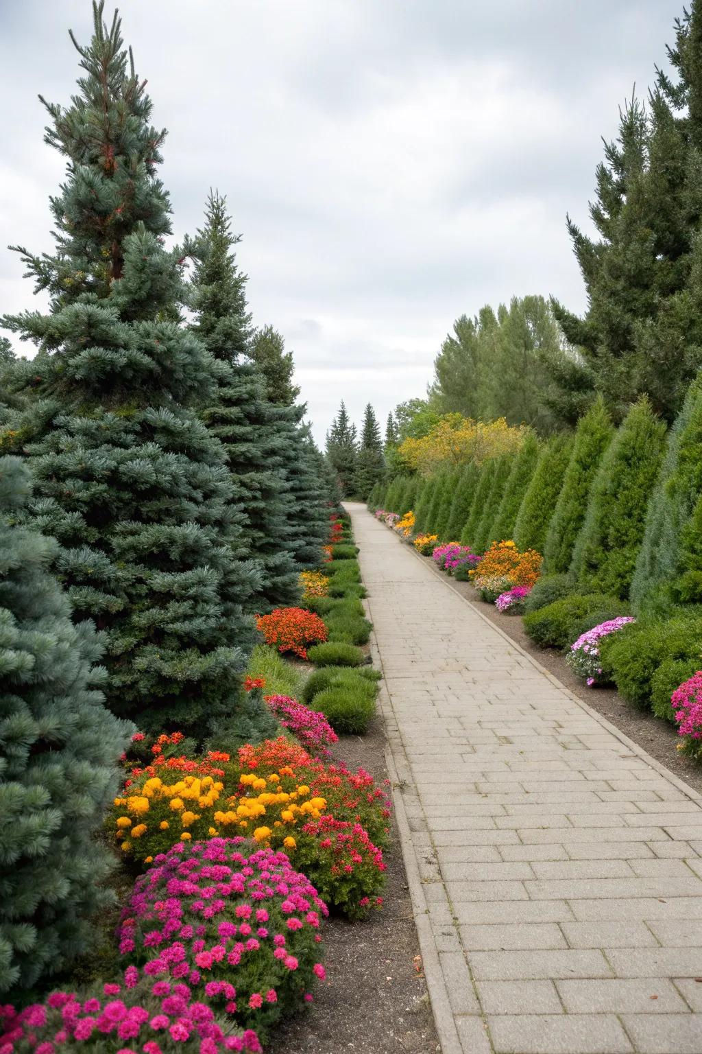 Dwarf Alberta spruce trees creating a natural garden border.