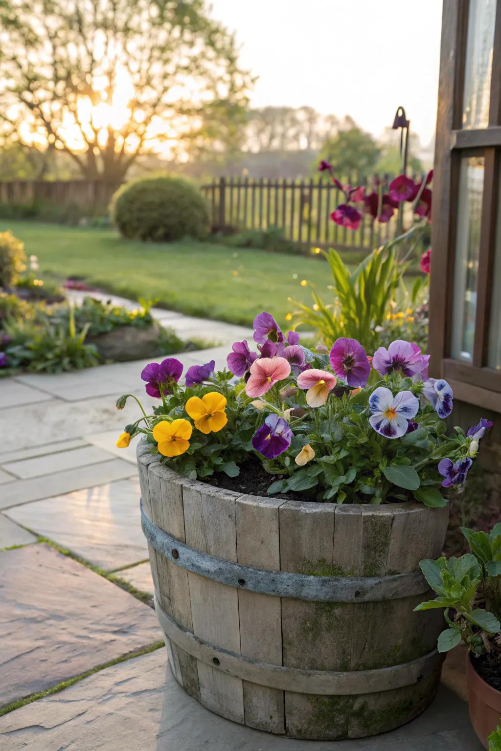 Rustic container bursting with the vibrant colors of pansies and primroses.