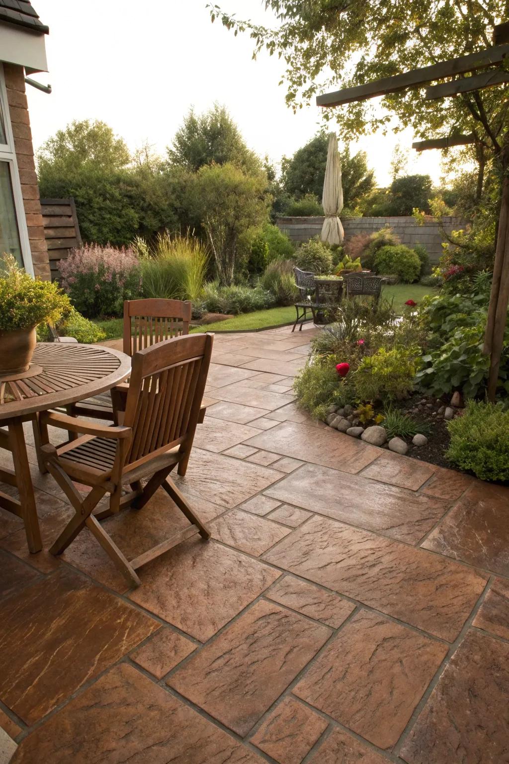 A cozy patio featuring warm brown slate-textured stamped concrete, perfect for relaxing afternoons.