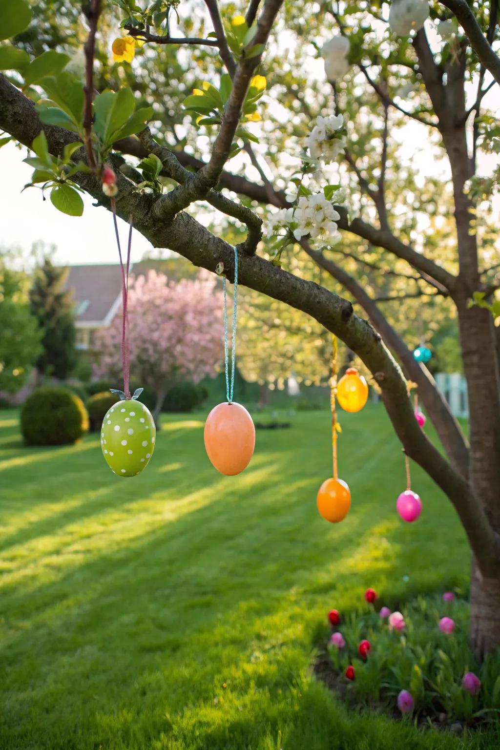 Add a pop of color to your backyard by hanging Easter eggs from tree branches.