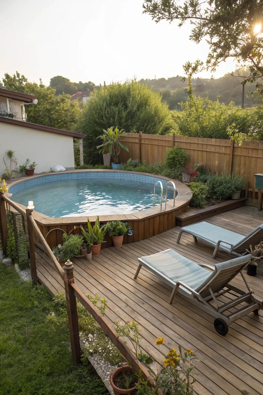 A wooden deck transforms your above-ground pool into a relaxing retreat.