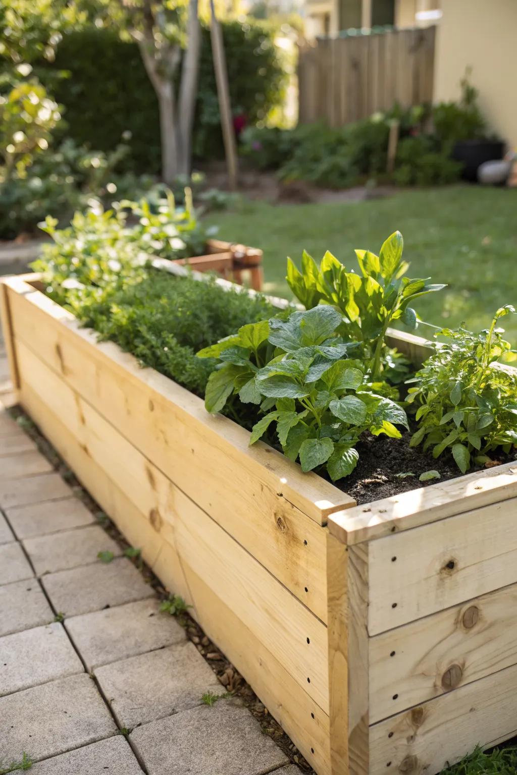 A simple raised wood bed filled with vibrant greens.