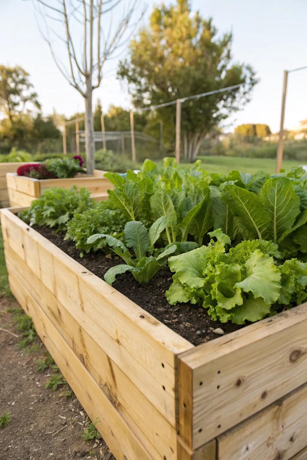 The classic simplicity of a wooden raised garden bed.