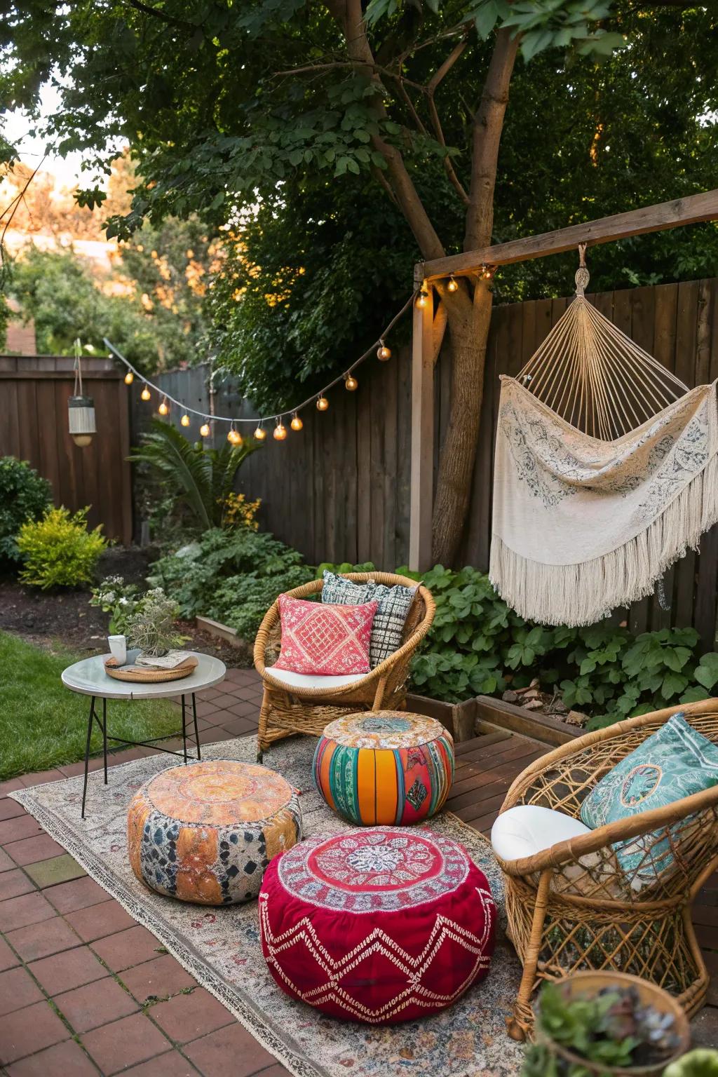 An inviting seating area with a mix of wicker chairs and poufs.
