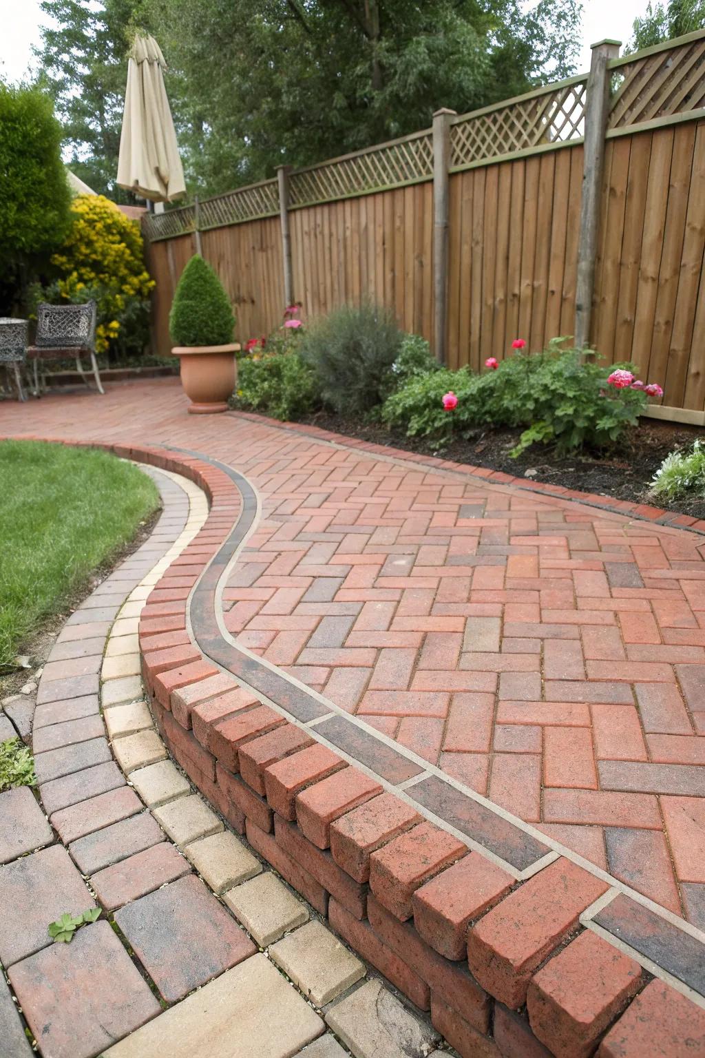 A cozy patio featuring classic red brick edging in a neat herringbone pattern.