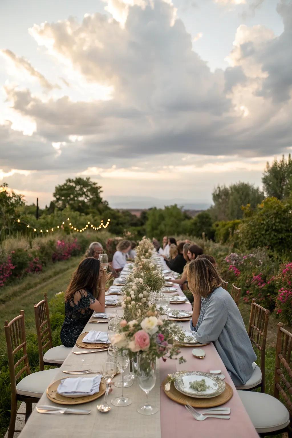 A long table set beautifully for an elegant garden party.