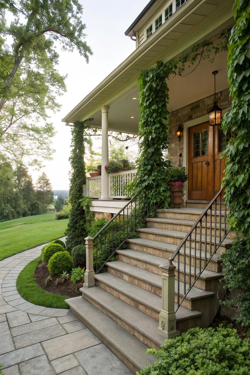 A wide staircase enhances the inviting feel of an elevated porch.