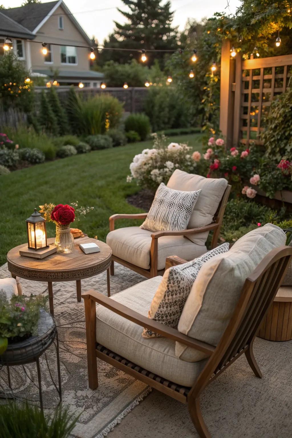 A cozy seating area in the backyard, inviting for relaxation and conversation.