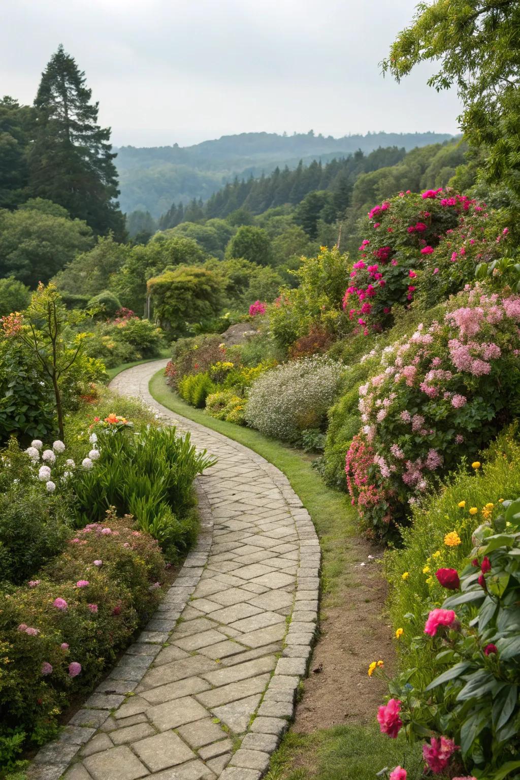 A stone path beckons visitors deeper into the enchanted garden.