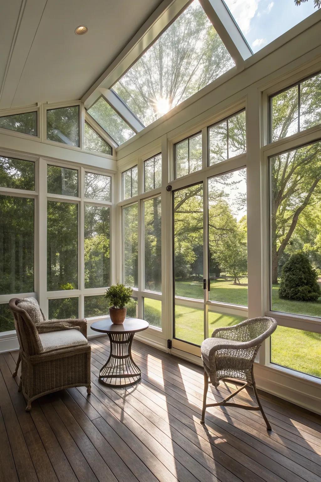 A bright and airy porch enclosed with large glass panels.