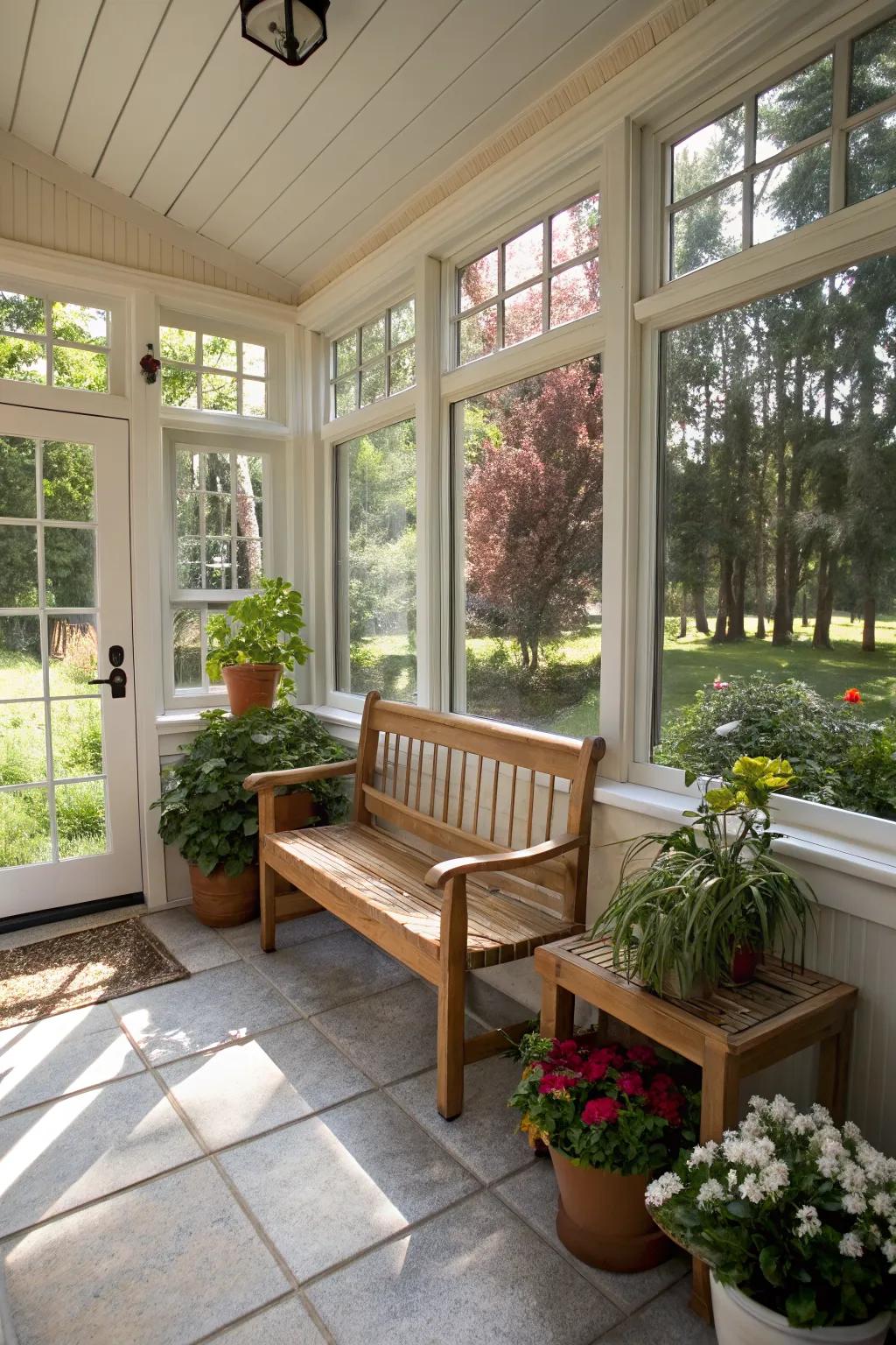 A small enclosed front porch with large windows that bring in plenty of natural light.