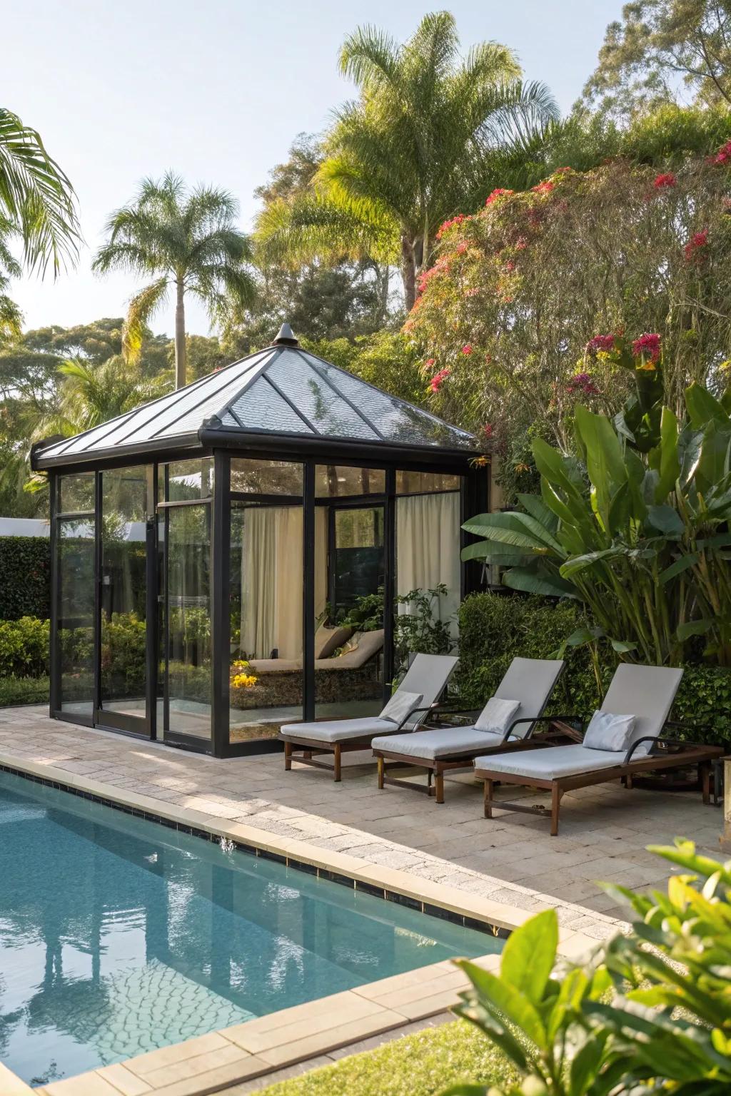 A stylish gazebo by the pool creates the perfect summer escape.