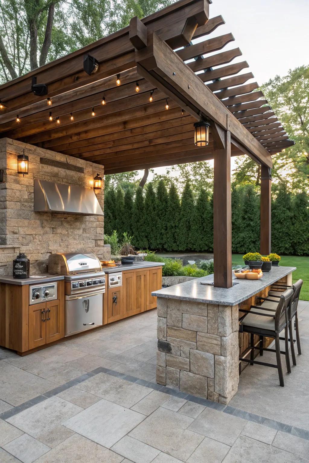 A charming outdoor kitchen under a pergola, combining natural materials with modern amenities.