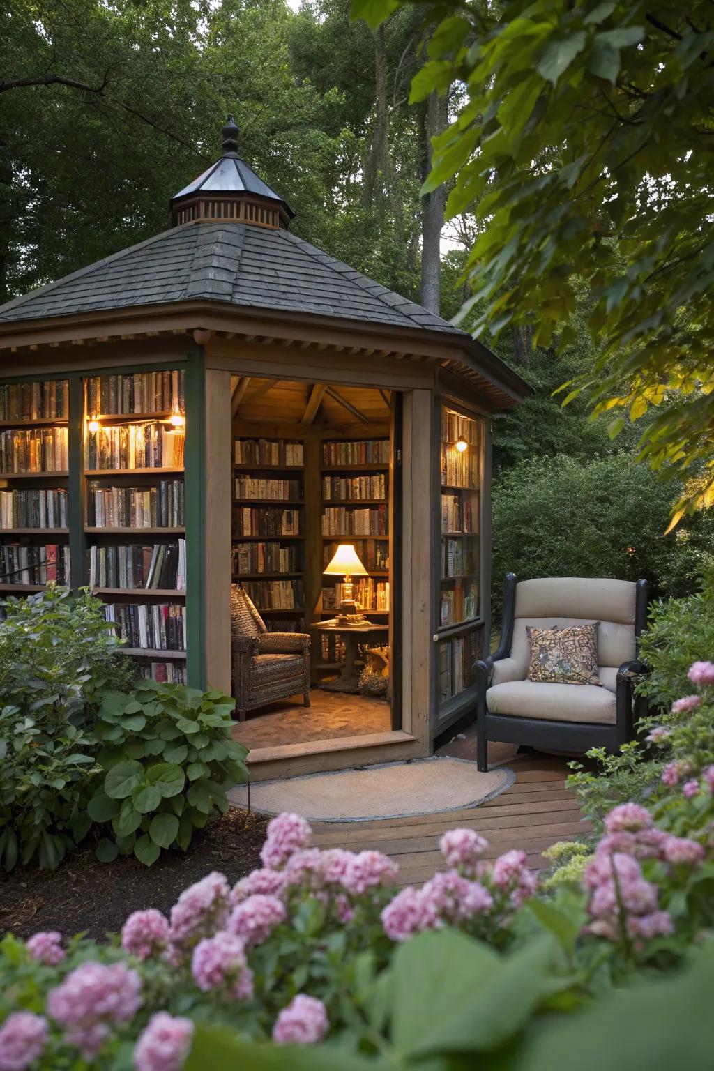 A tranquil reading nook within an enclosed pavilion.