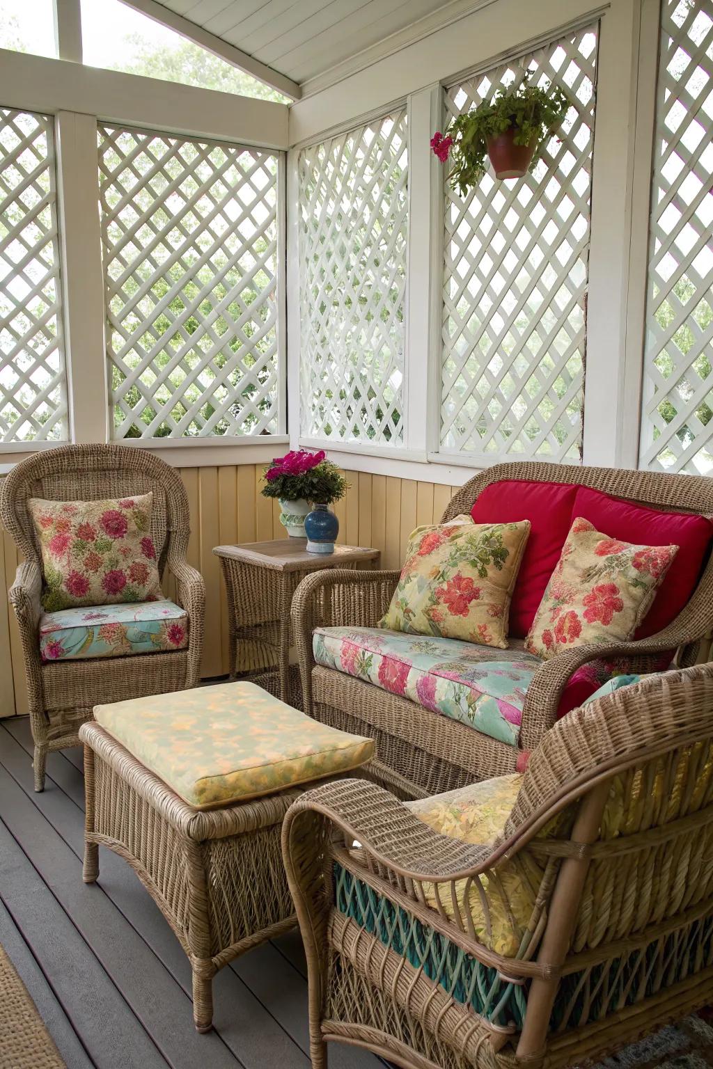 Comfortable seating with wicker furniture and vibrant cushions.
