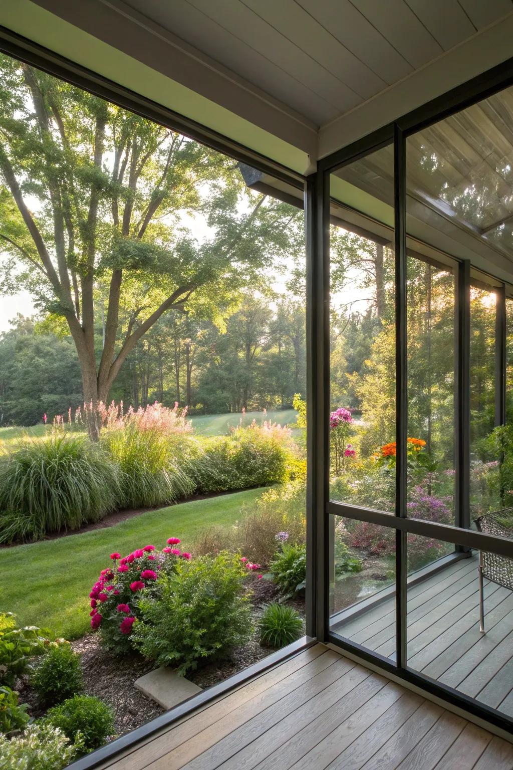 Glass panels create an airy, light-filled porch enclosure.