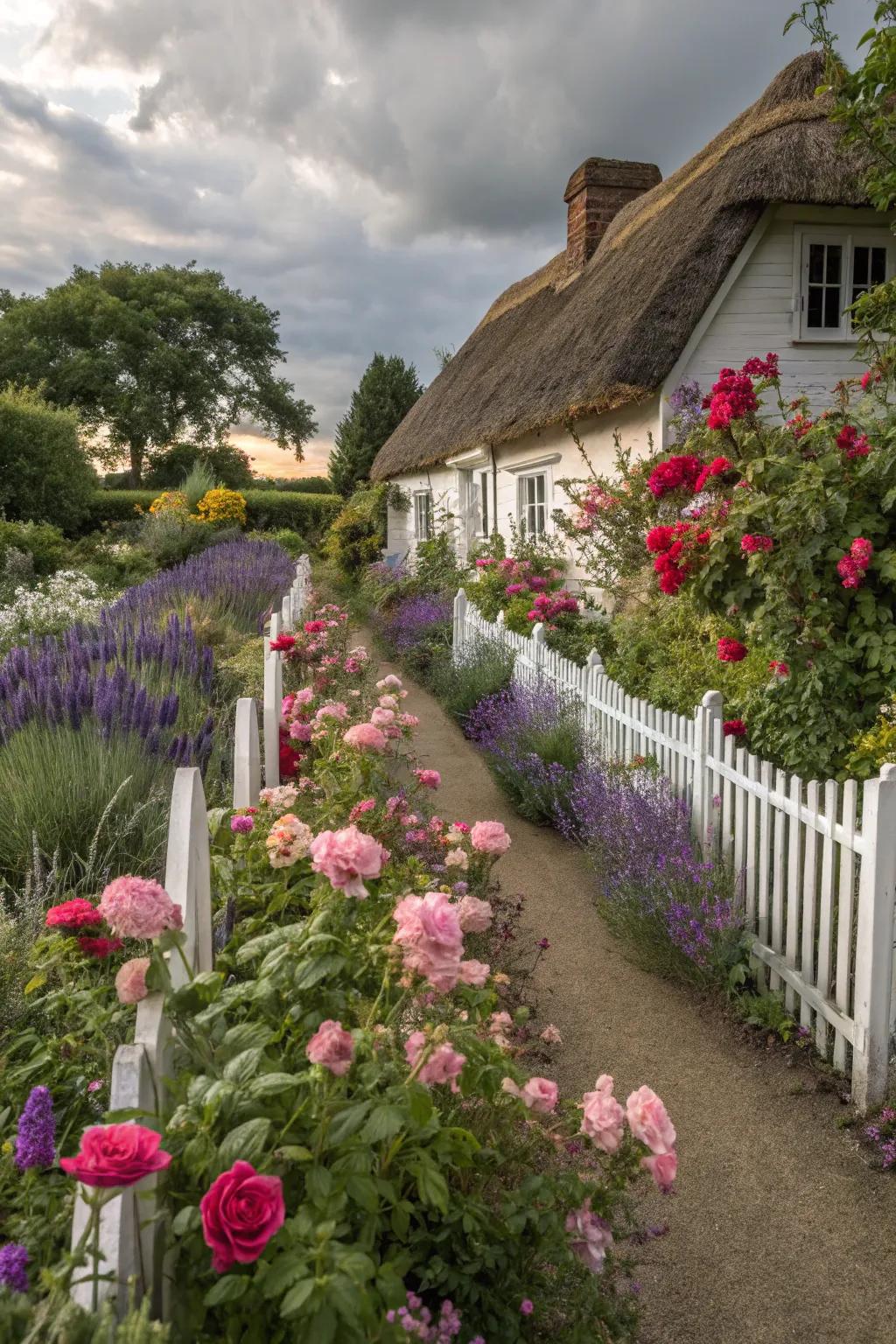 A riot of colors with roses, lavender, and hollyhocks creating a lively flower bed.