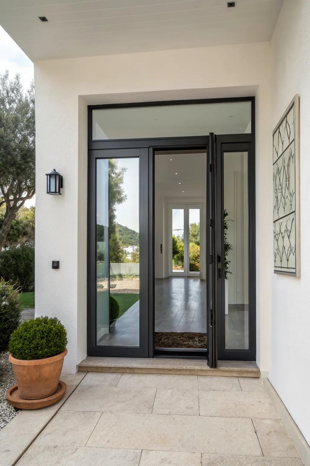 A sleek modern door with glass panels that invites light and elegance into the home.