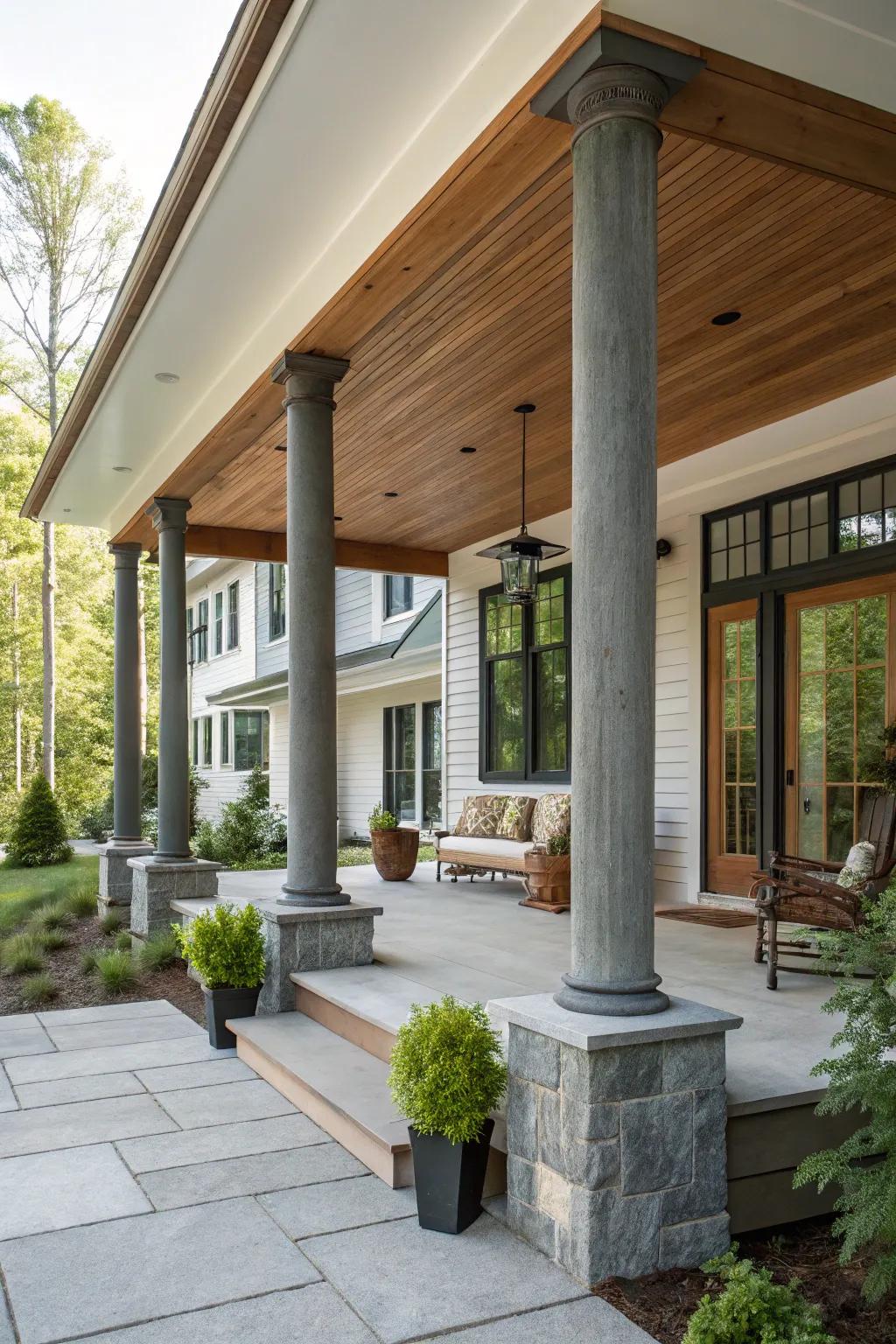 Porch columns with a striking mix of wood and metal.