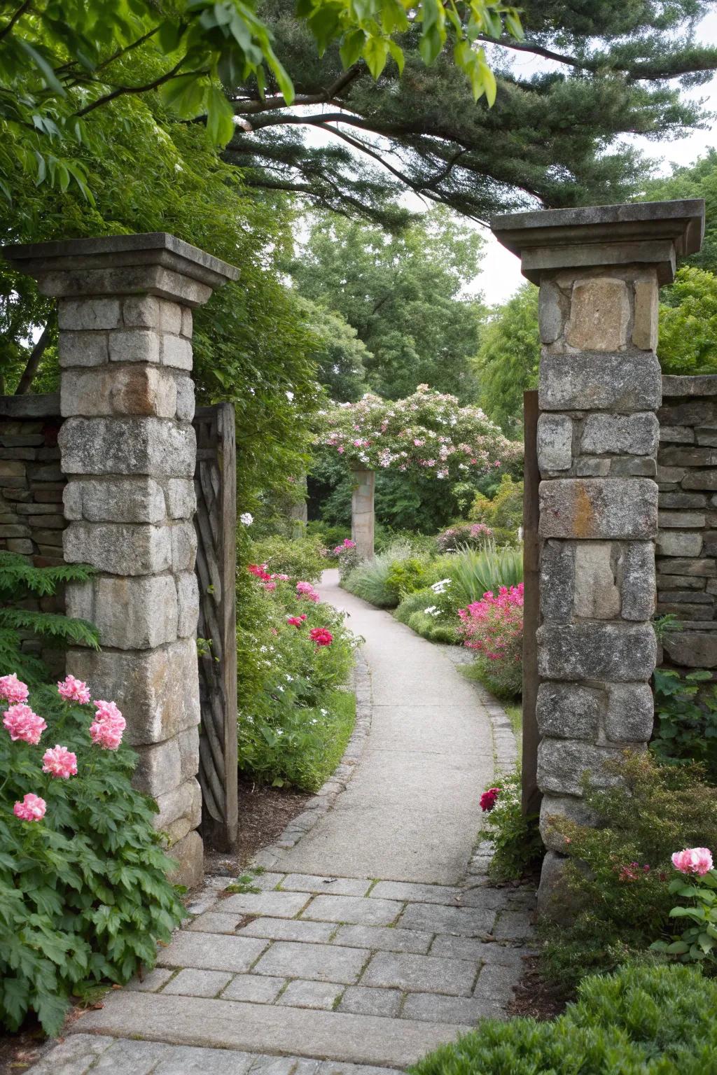 Charming stacked stone pillars set the stage for a welcoming garden path.