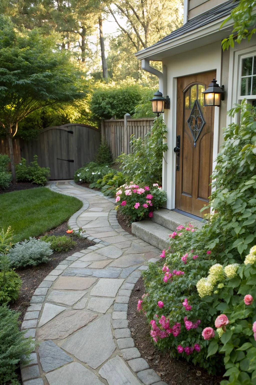 A curved stone pathway welcomes guests with natural elegance.