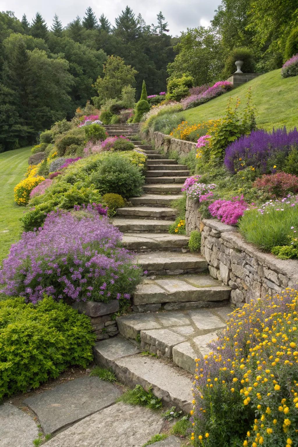 Stone steps create terraces, blending beauty with function