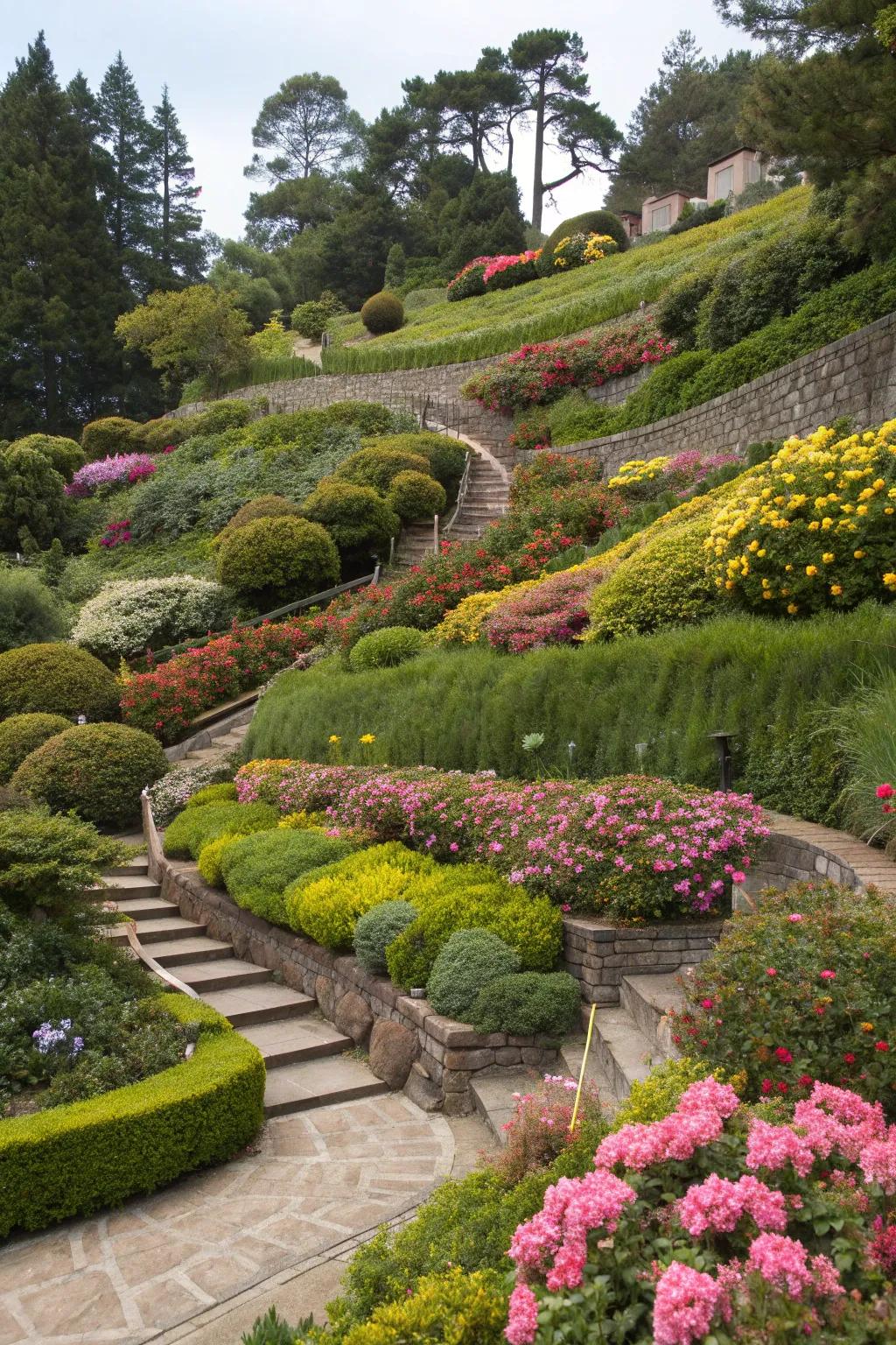 Terraced garden beds lush with colorful plants.