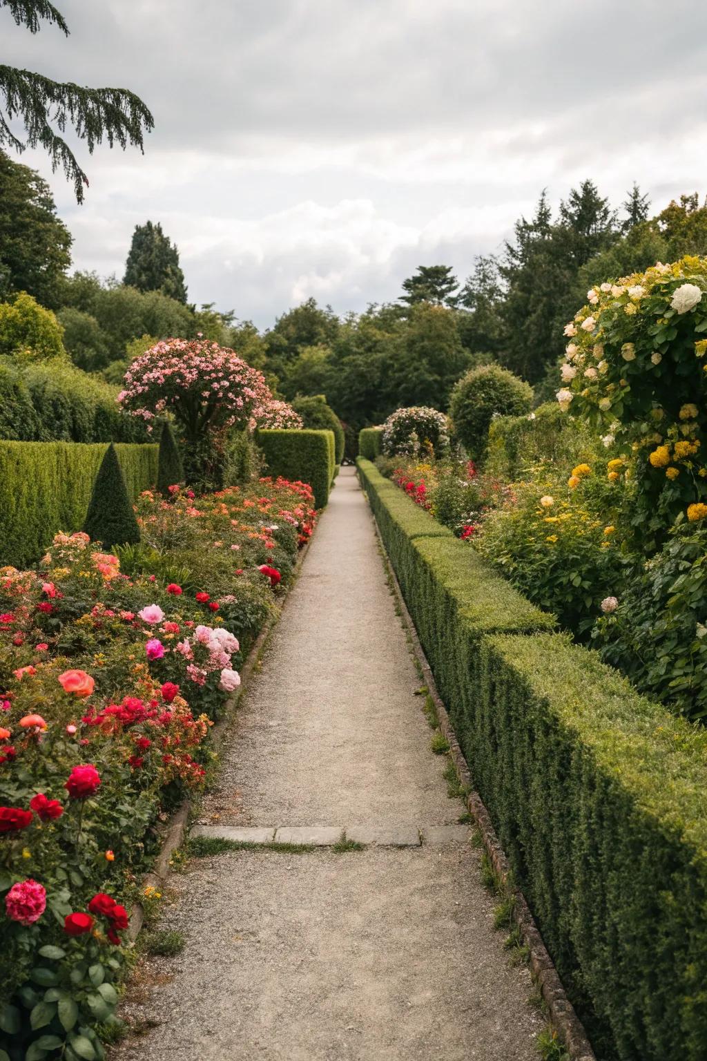 Elegant garden pathway surrounded by lush greenery and colorful blossoms.