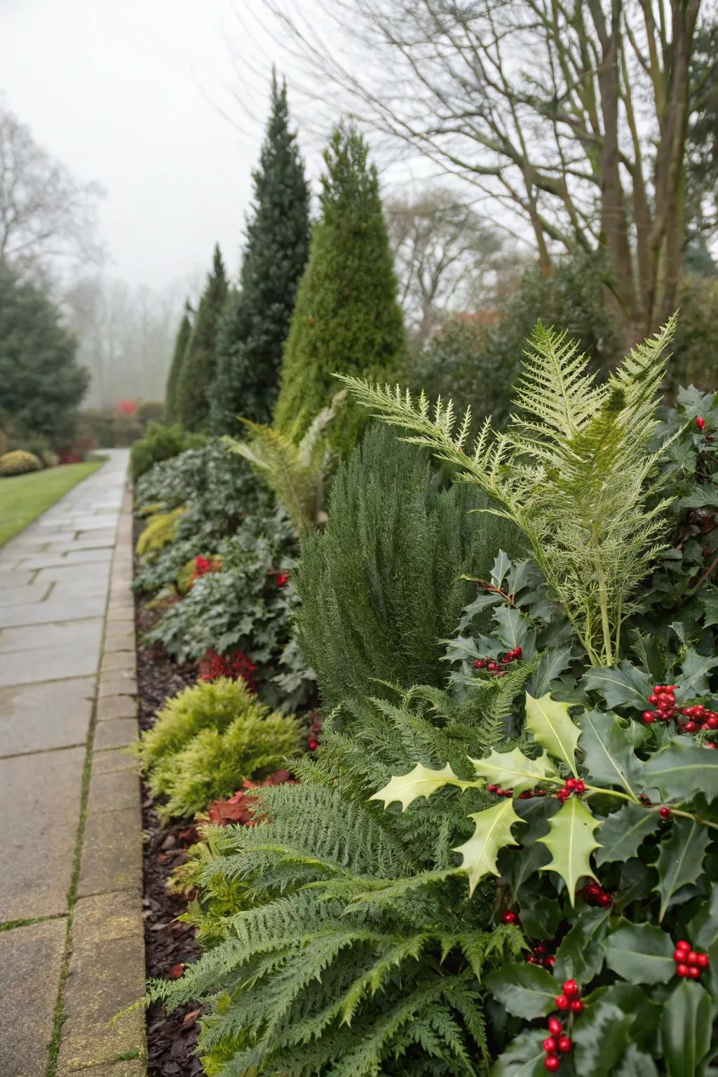 A garden border with diverse textures from ferns and holly.