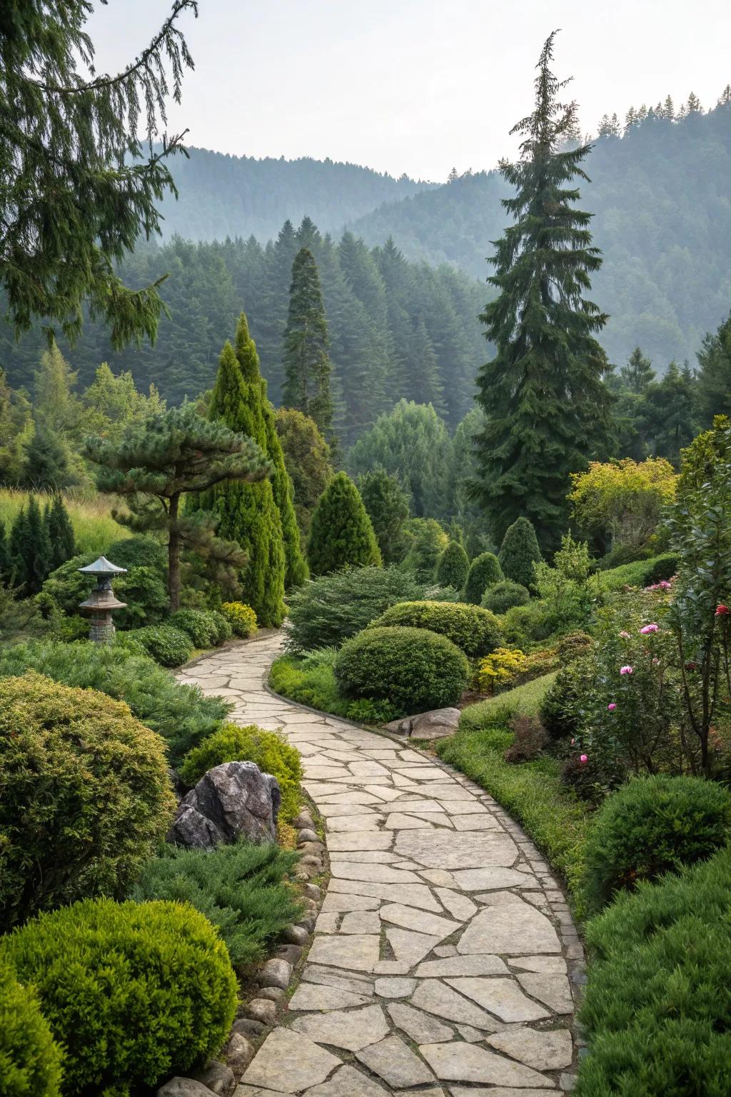 A winding stone pathway through a lush evergreen garden.