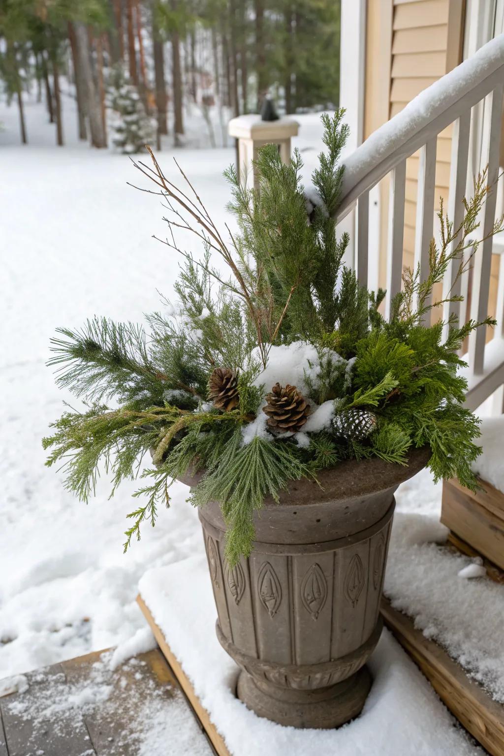 The classic combination of pine and cedar brings warmth to any winter setting.