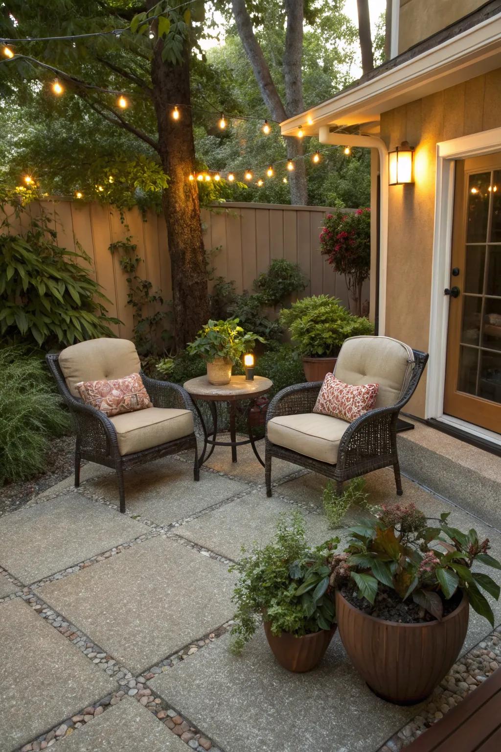 An inviting outdoor seating area with a textured aggregate finish.