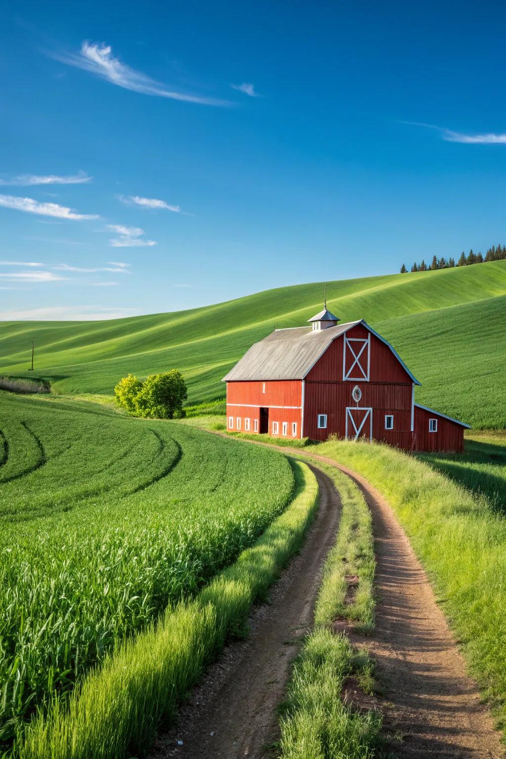 A timeless red barn nestled in the lush countryside.
