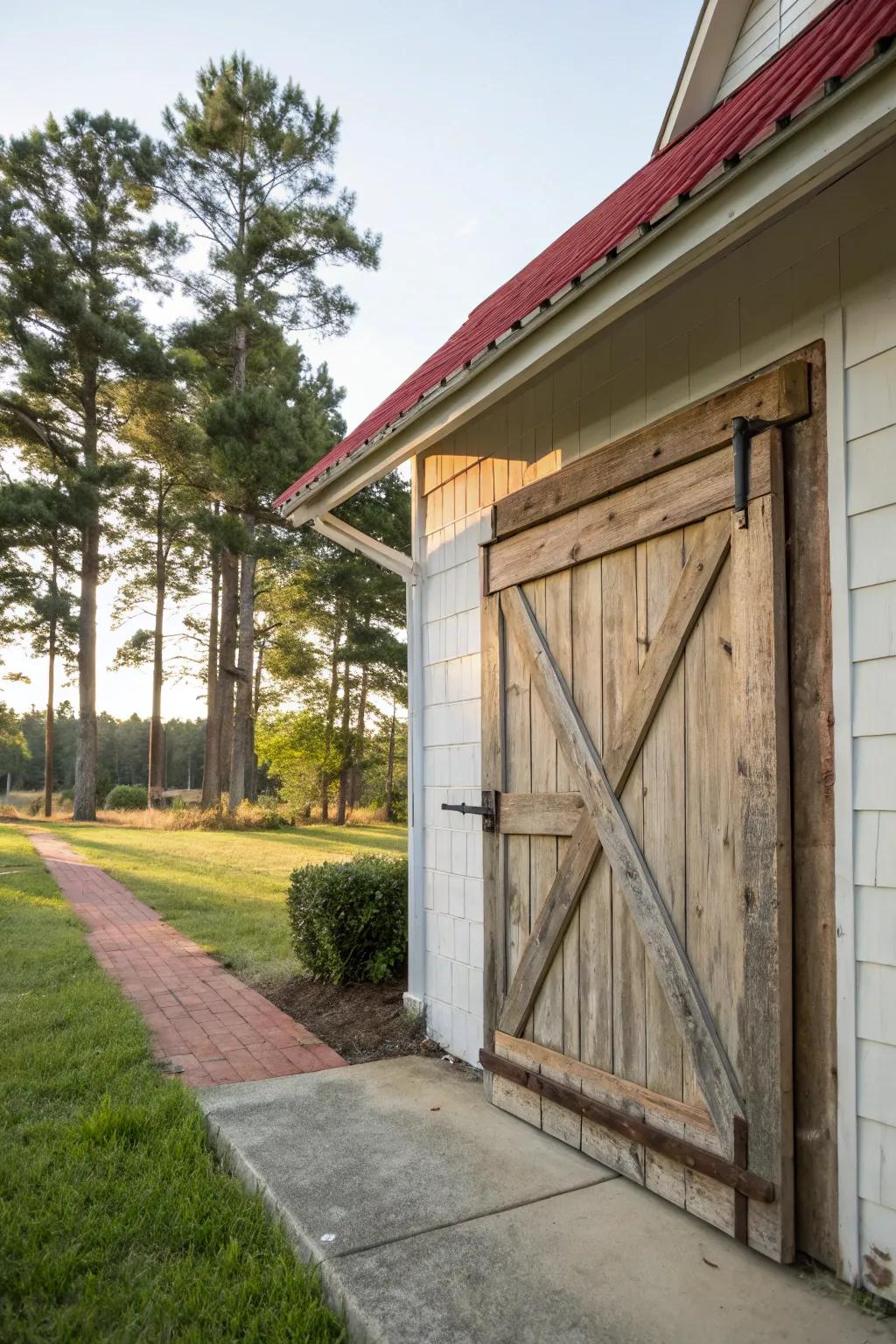 Classic wooden barn door adding a touch of warmth.
