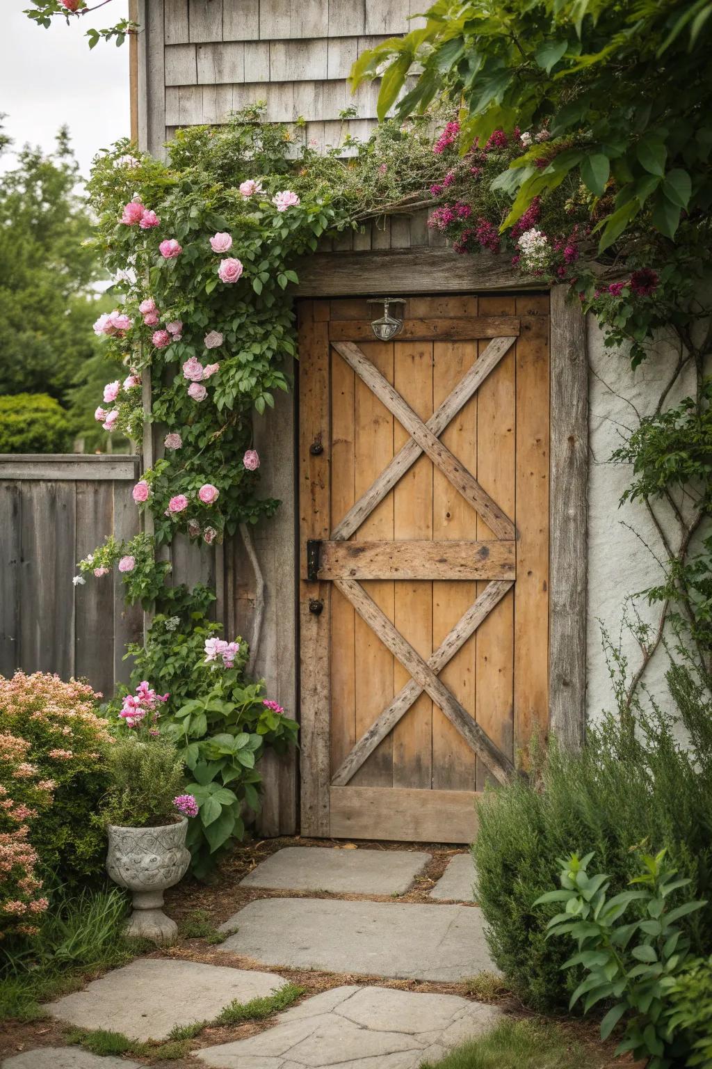 Classic rustic barn door enhancing a cozy outdoor setting