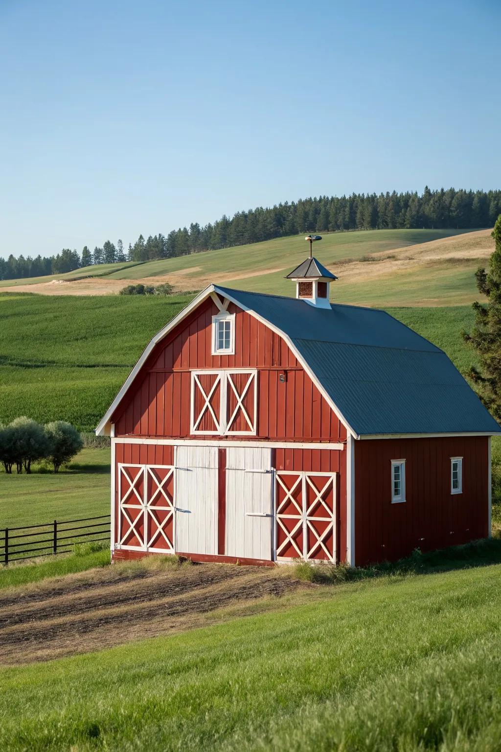 A timeless classic: red barn with white accents.